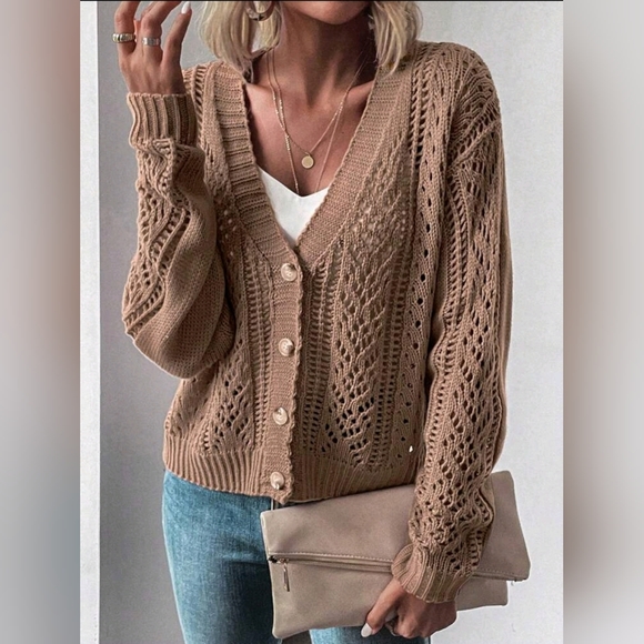 New Boho Open Knit Cardigan Sweater Tan Brown - Picture 1 of 9